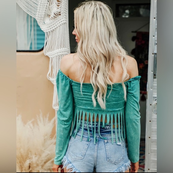 Turquoise 💙Mineral Dyed Fringe Crop Top -PLEASE READ DESCRIPTION ⬇️ - Picture 8 of 14